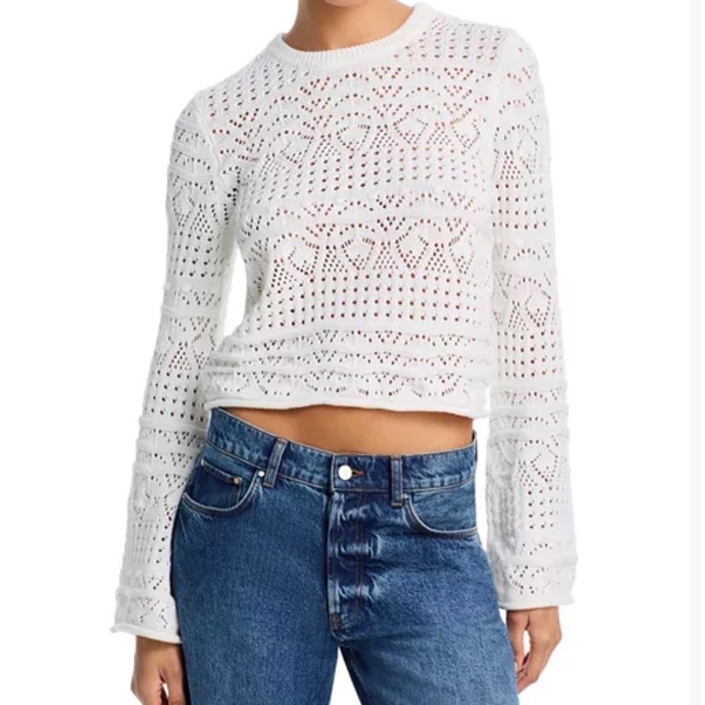 French Connection Women's Large Summer White Crochet Bobble Knit Crop Sweater